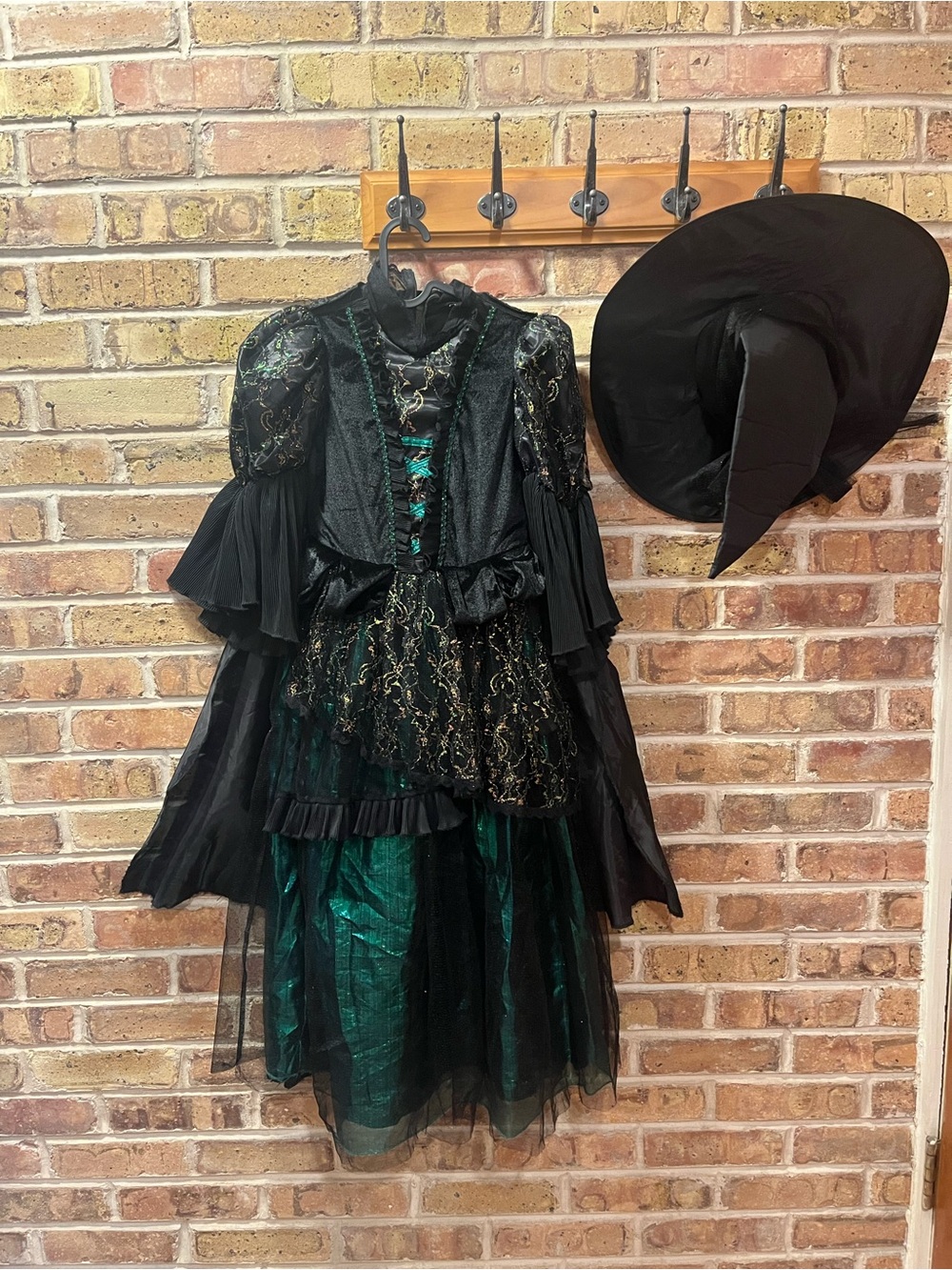 Children's Witch Costume Dress with Hat - Black & Emerald Green
